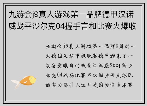 九游会j9真人游戏第一品牌德甲汉诺威战平沙尔克04握手言和比赛火爆收场